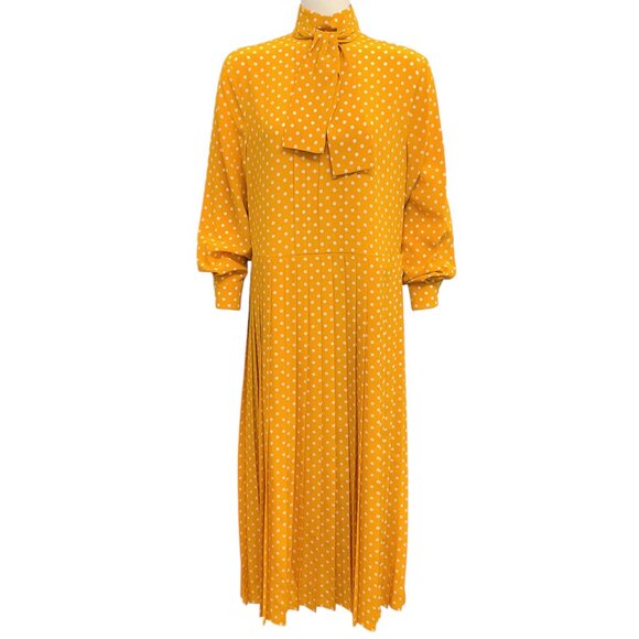 Celine Yellow Silk Pleated Dress with Polka Dots - Picture 1 of 4